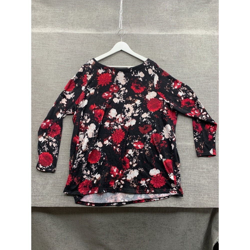 Lane Bryant Blouse Top Womens 22/24 Black Red Floral Stretch Preppy Scoop Neck